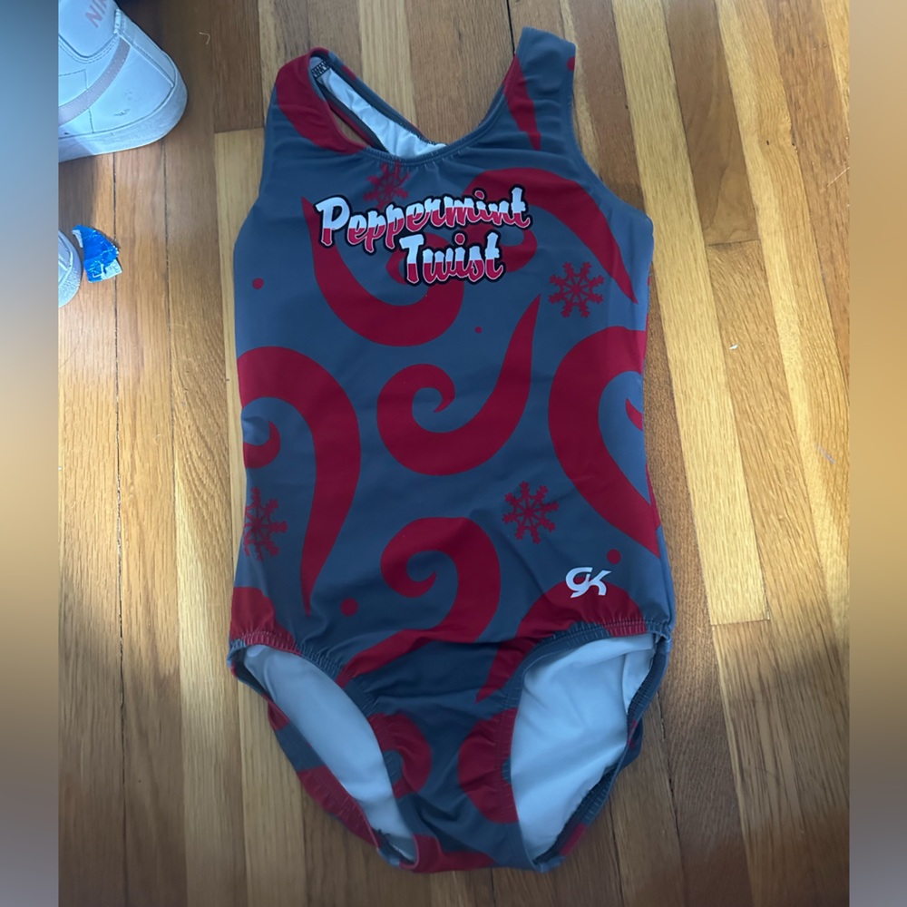 Red and Gray Swirl gymnastics leotard